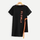 Romwe Letter Print Ribbon Asymmetric Hem T-shirt Dress