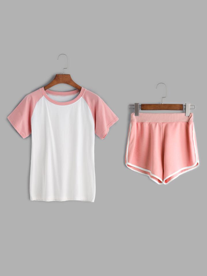 Romwe Contrast Raglan Sleeve T-shirt With Shorts