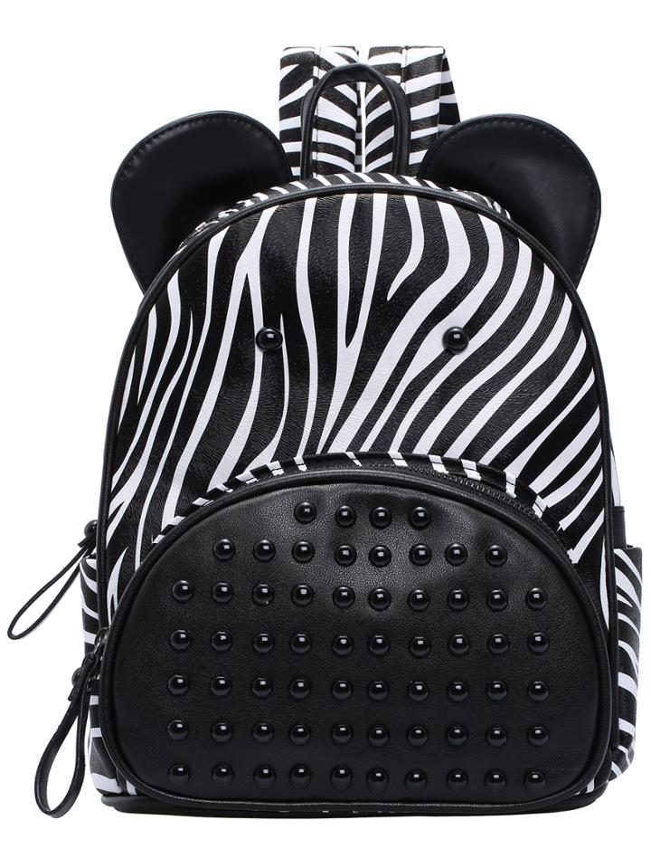 Romwe Black Zebra Bead Zipper Backpacks