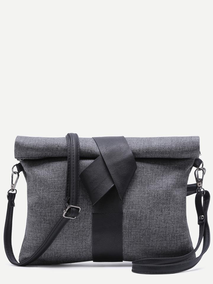 Romwe Black Roll Top Linen Texture Pu Leather Clutch Bag With Strap