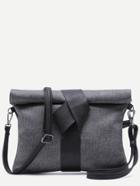 Romwe Black Roll Top Linen Texture Pu Leather Clutch Bag With Strap