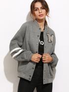 Romwe Heather Grey Varsity Striped Sleeve Baseball Jacket With Letter Patch