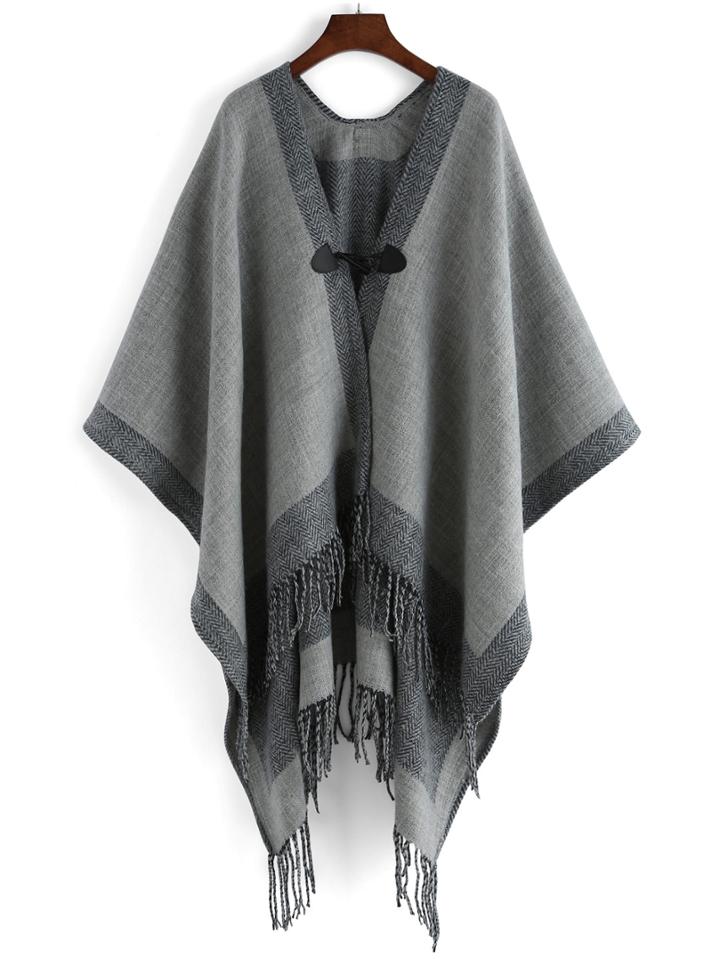 Romwe High Low Fringe Striped Cape Coat