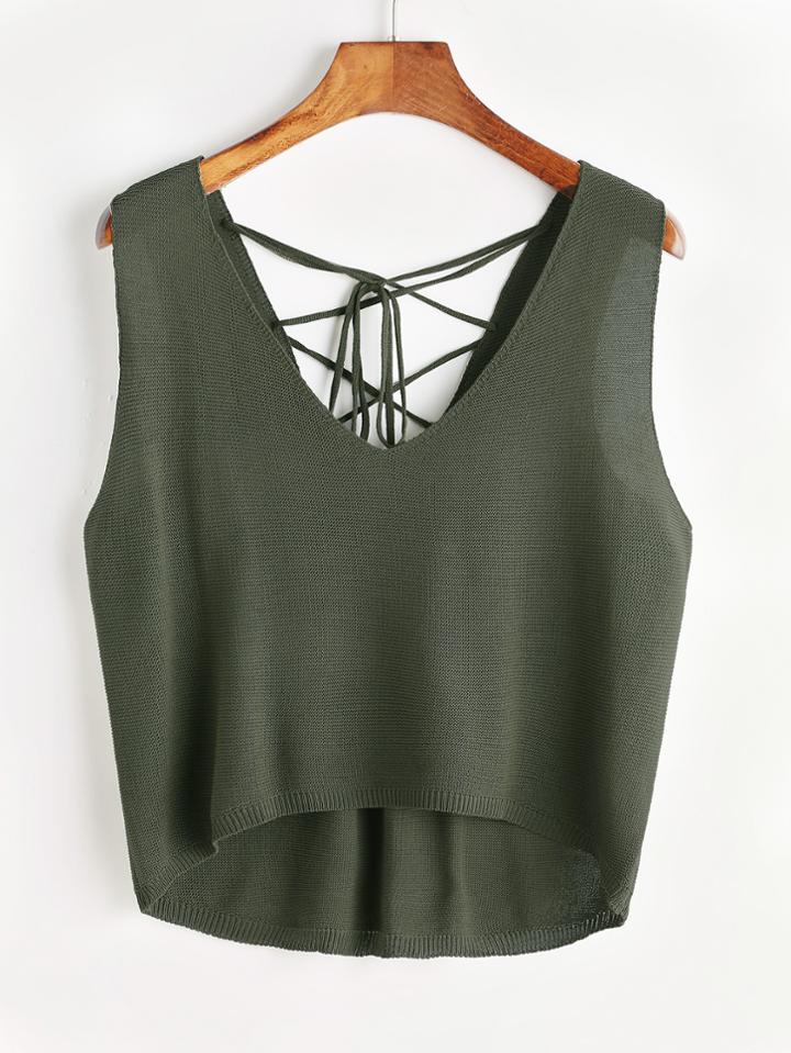 Romwe Lace Up Back Dip Hem Knit Tank Top