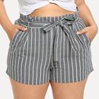 Romwe Plus Striped Belted Pocket Shorts