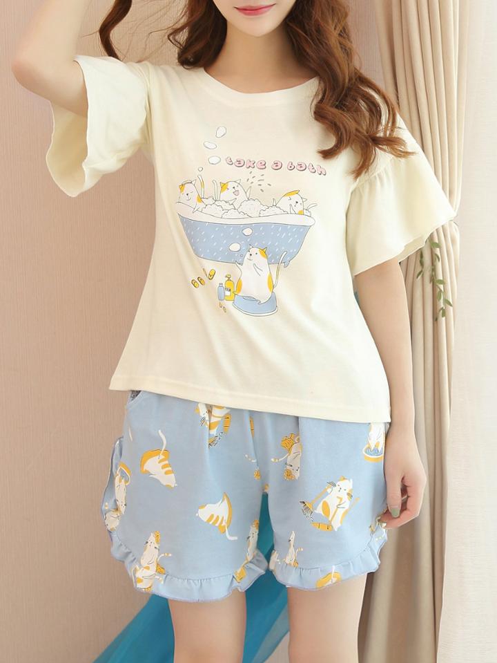 Romwe Frill Trim Cat Print Tee & Shorts Pj Set