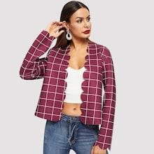 Romwe Scallop Trim Grid Blazer