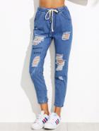 Romwe Blue Embroidered Ripped Drawstring Waist Ankle Jeans
