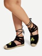 Romwe Bee Embroidery Lace Up Espadrille Flats