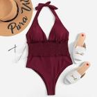 Romwe Smocked Low Back Halter One Piece Swimsuit