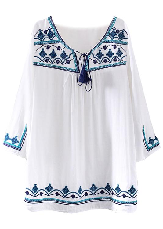Romwe V Neck Lace Up Embroidered Shift Dress