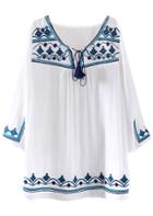 Romwe V Neck Lace Up Embroidered Shift Dress
