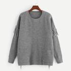 Romwe Plus Pocket Front Fringe Embellished Sweater