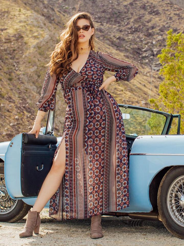 Romwe Mix Print Surplice Wrap Maxi Dress