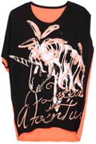 Romwe Unicorn Print Asymmetric Black T-shirt