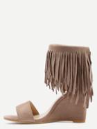 Romwe Faux Suede Wide Strap Fringe Ankle Wedges - Apricot