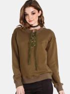 Romwe Eyelet Lace Up Pullover Olive