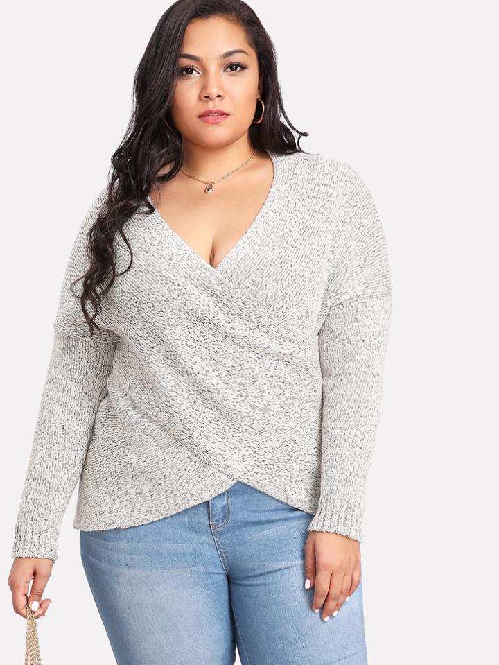 Romwe Deep V Neckline Drop Shoulder Knit Sweater
