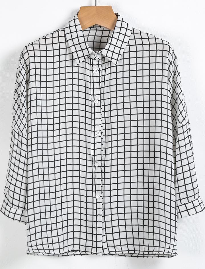 Romwe Check Print White Blouse