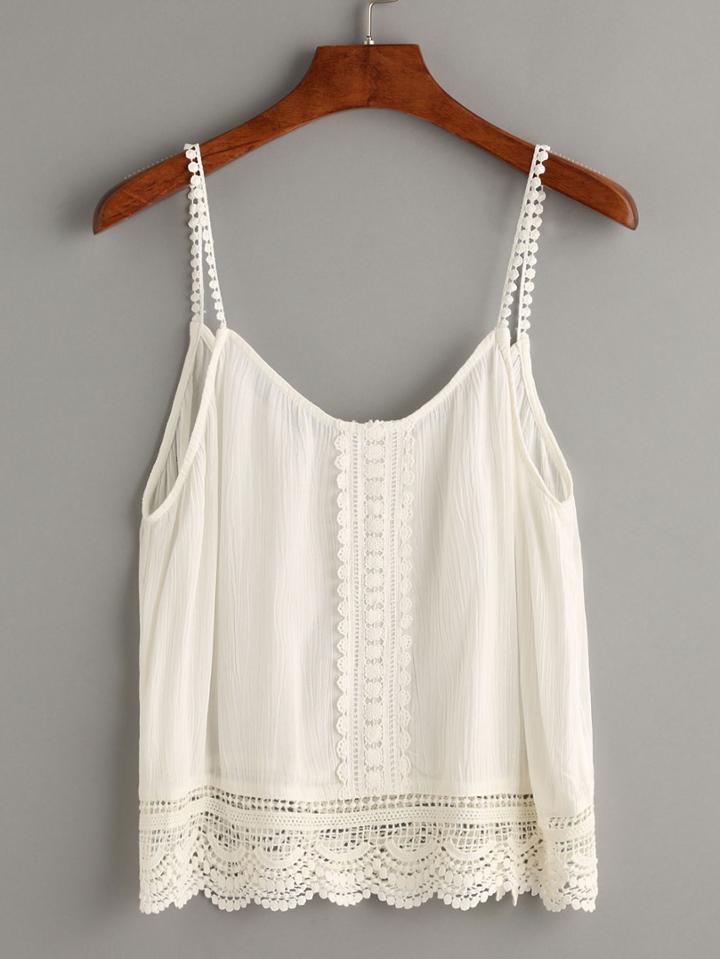 Romwe White Contrast Crochet Hollow Out Cami Top