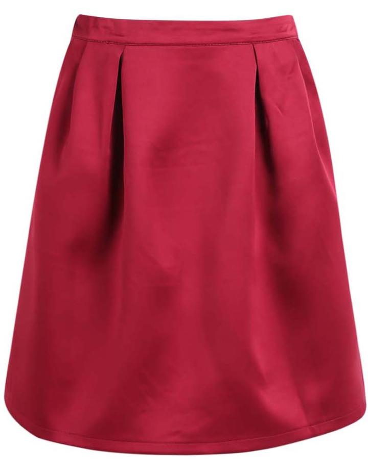 Romwe Zipper Pleated Wine Red Skirt