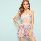 Romwe Floral Print Shirred Bandeau With Shorts