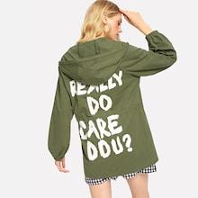 Romwe Letter Print Drawstring Waist Longline Coat