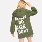 Romwe Letter Print Drawstring Waist Longline Coat