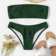 Romwe Smocked Bandeau With Low Rise Bikini Set