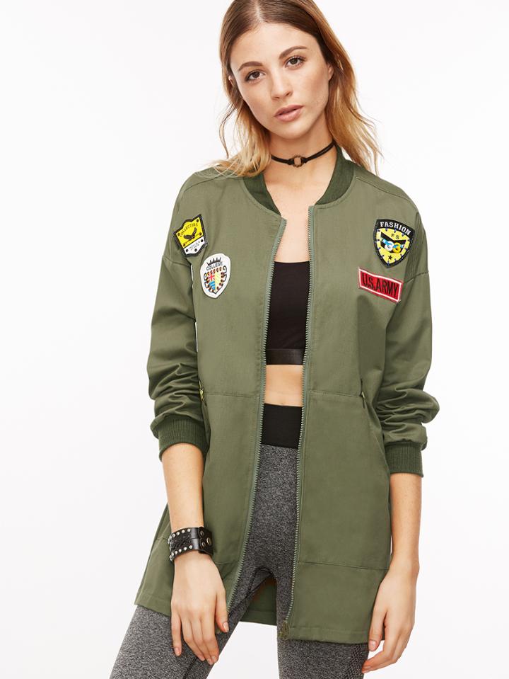 Romwe Army Green Drop Shoulder Embroidered Patches Long Jacket