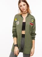 Romwe Army Green Drop Shoulder Embroidered Patches Long Jacket