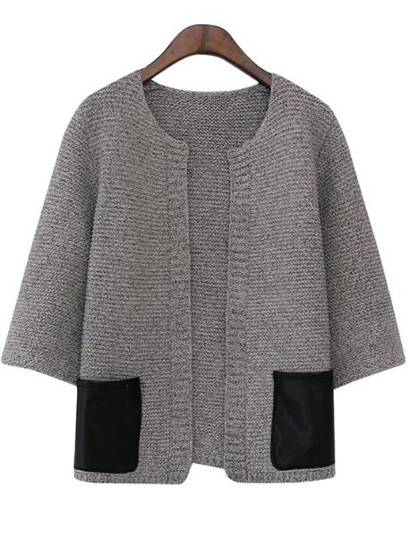 Romwe Open Front Patch Pockets Grey Coat
