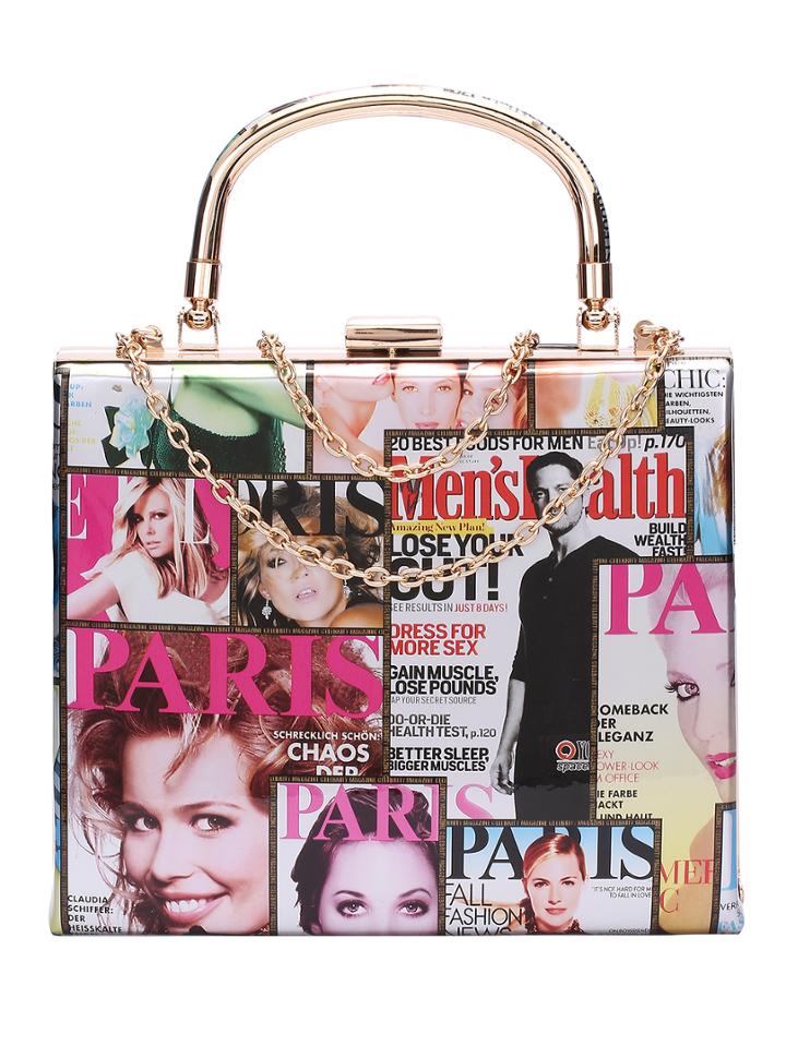 Romwe Colorful Magazine Print Chain Bag