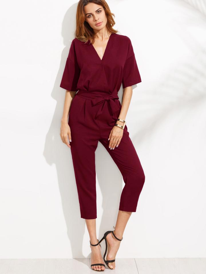 Romwe V Neckline Drop Shoulder Self Tie Peg Jumpsuit