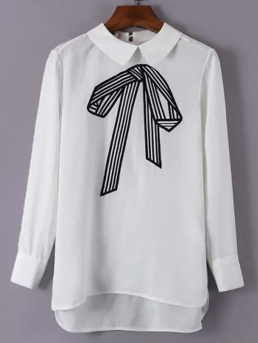 Romwe White Long Sleeve Bow Print Dip Hem Blouse