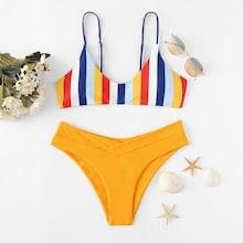 Romwe Spaghetti Strap Striped Top With Match Bikini Set