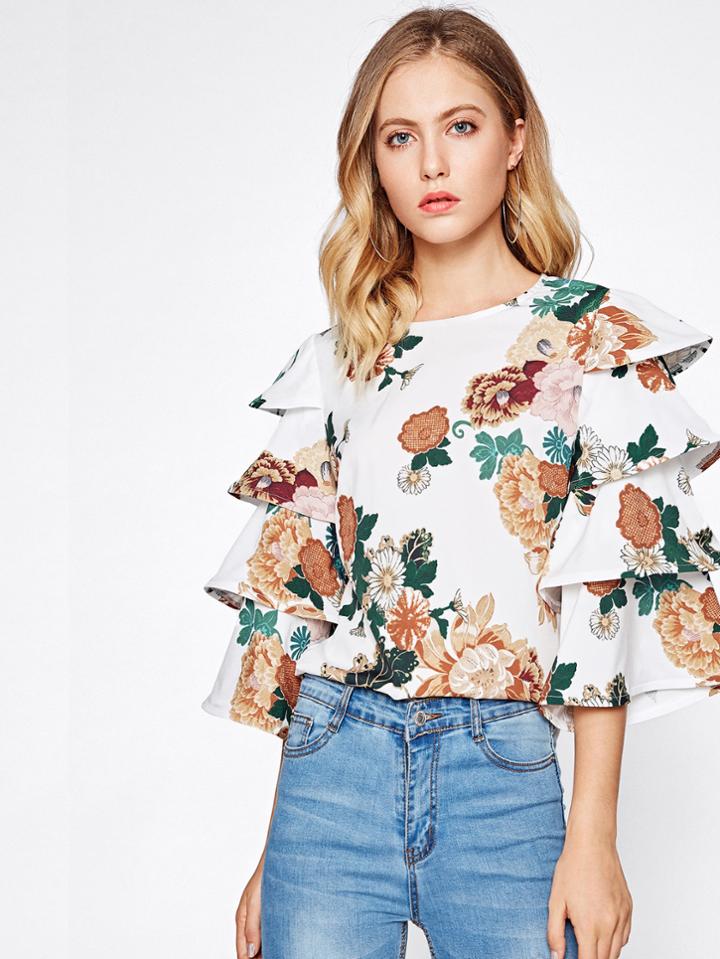 Romwe Tiered Trumpet Sleeve Keyhole Back Top