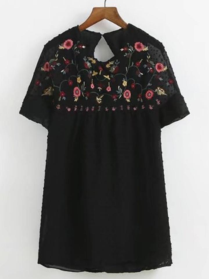 Romwe Flower Embroidered Open Back Playsuit