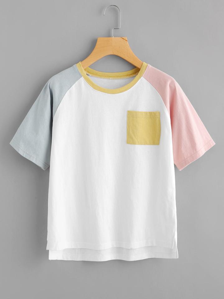Romwe Raglan Sleeve Patch Pocket Dip Hem Tee