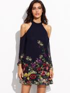 Romwe Flower Print Keyhole Halter Neck Cold Shoulder Dress