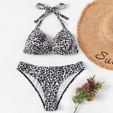 Romwe Random Leopard Print Self Tie Bikini Set
