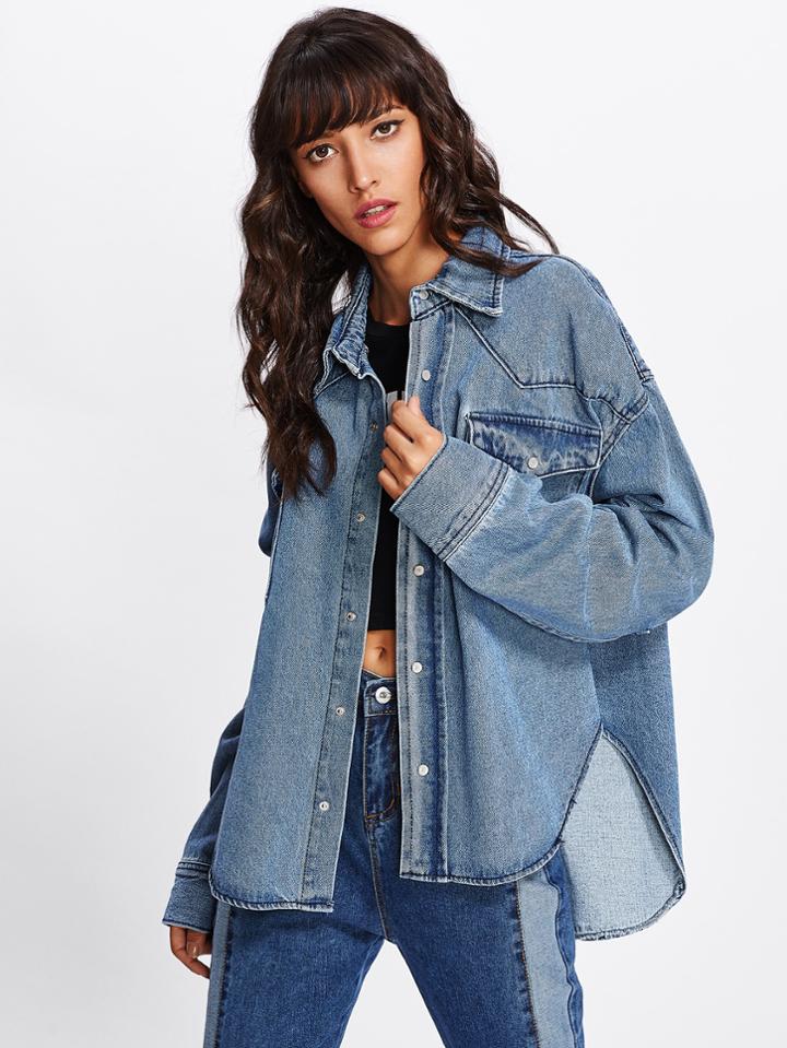Romwe Dip Hem Oversized Denim Jacket