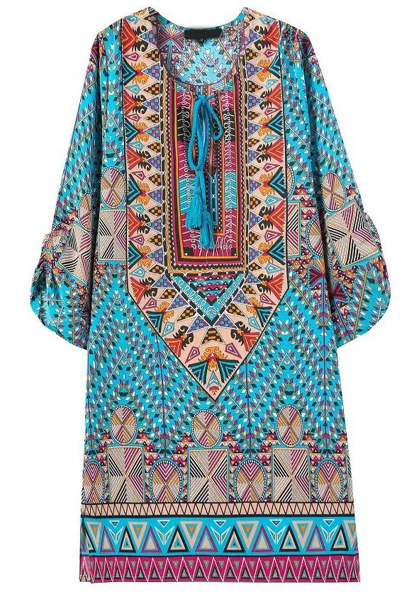 Romwe Blue Tie-neck Vintage Geometric Print Dress