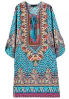 Romwe Blue Tie-neck Vintage Geometric Print Dress