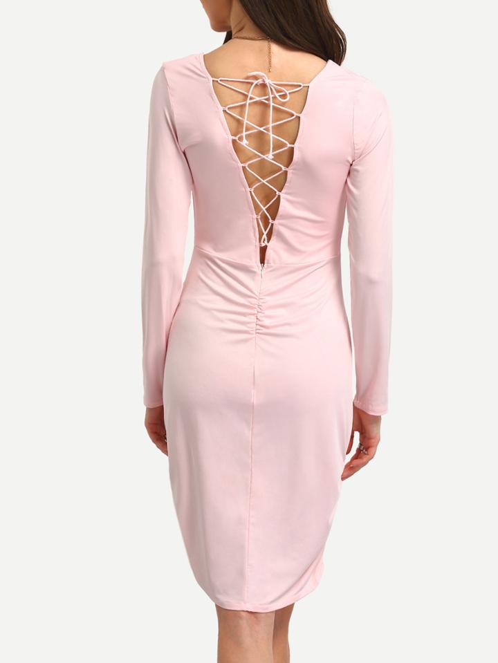Romwe Lace-up Back Shirred Long Sleeve Dress - Pink