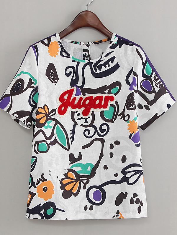 Romwe Multicolor Applique Printed Zipper Back T-shirt