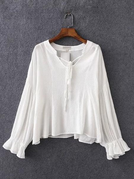 Romwe White V Neck Lantern Sleeve Self Tie Blouse