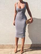 Romwe Grey Scoop Neck Ruched Midi Tank Dress