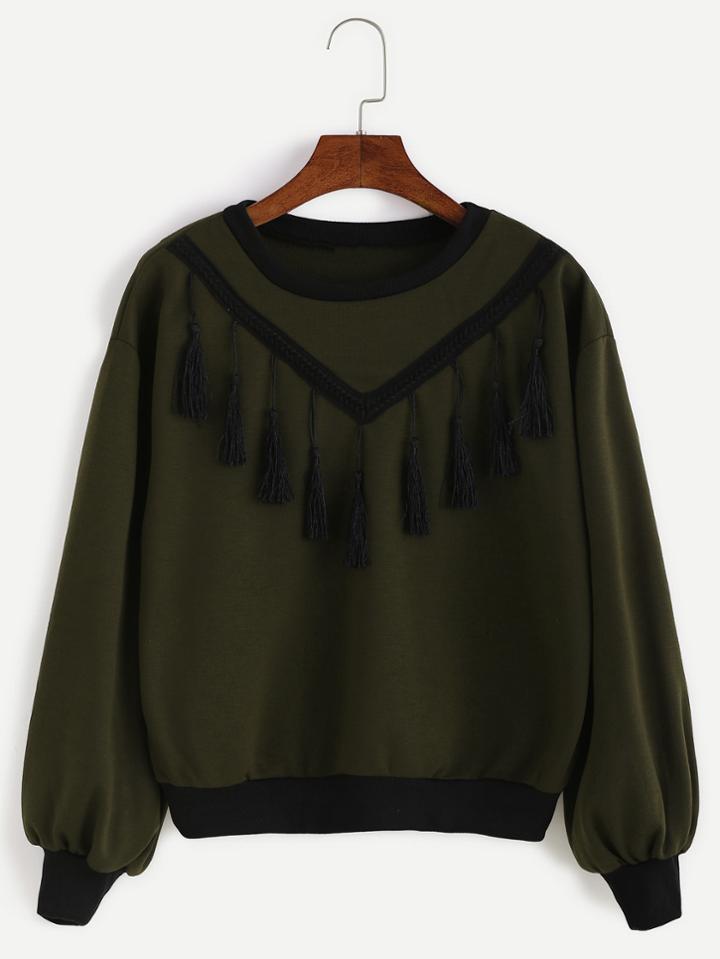 Romwe Army Green Lantern Sleeve Fringe Sweatshirt