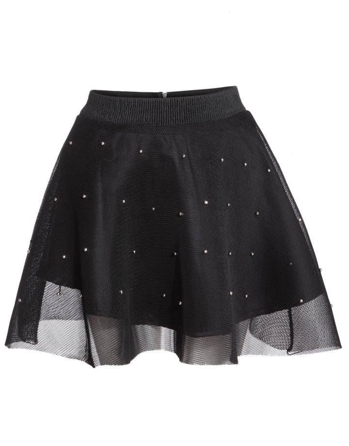 Romwe Bead Sheer Mesh Flare Black Skirt